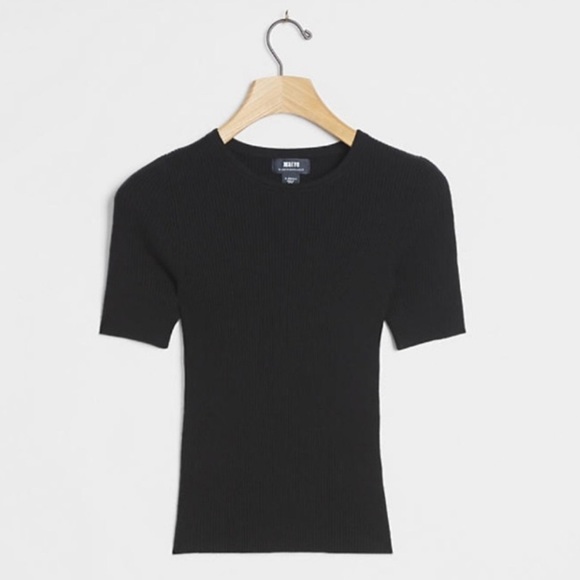 NWT Anthropologie Maeve Josefa Ribbed Short Sleeve Sweater Tee Black - Picture 1 of 6